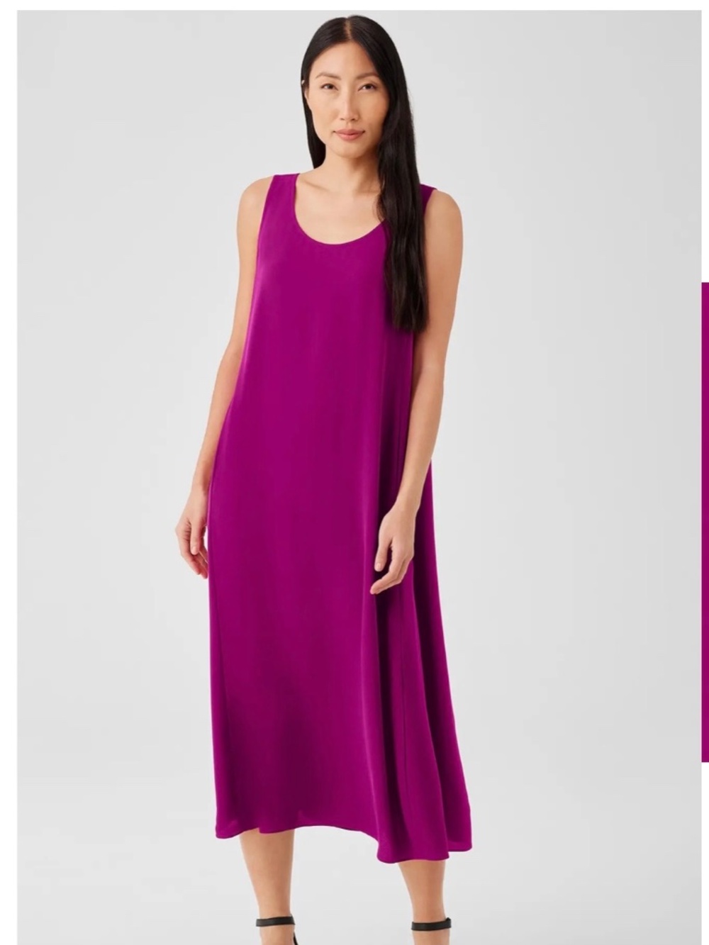 Eileen Fisher Silk Midi Dress Magenta Scoop Neck Sleeveless Pockets Capsule Larg